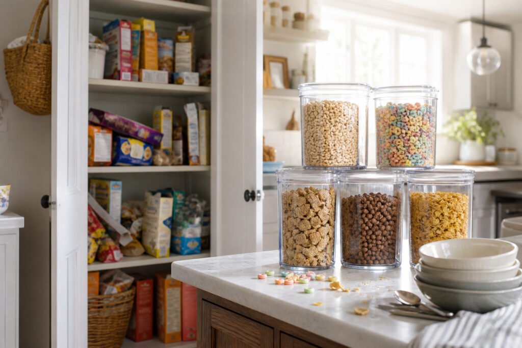 A cozy kitchen with an open pantry filled with cereal containers