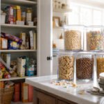 A cozy kitchen with an open pantry filled with cereal containers