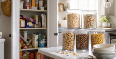 A cozy kitchen with an open pantry filled with cereal containers