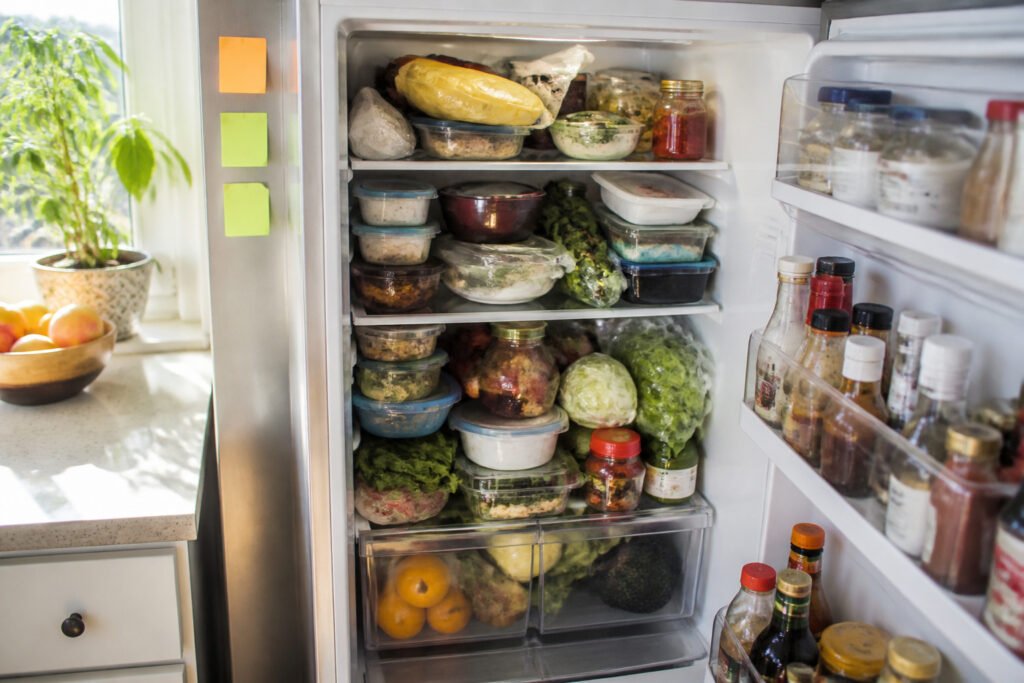 A disorganized assortment of food items in a refrigerator