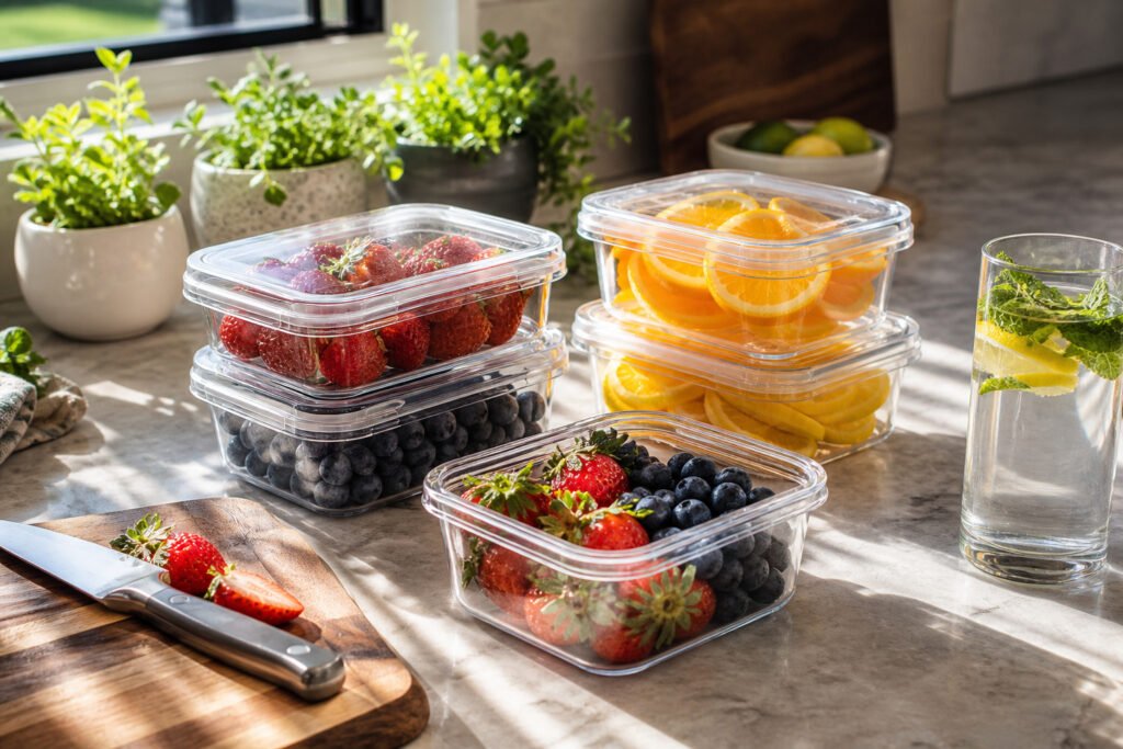 Bright kitchen countertop with various fresh fruits and vegetables arranged neatly.