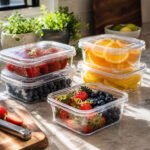 Bright kitchen countertop with various fresh fruits and vegetables arranged neatly.