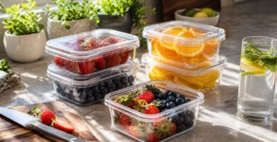 Bright kitchen countertop with various fresh fruits and vegetables arranged neatly.
