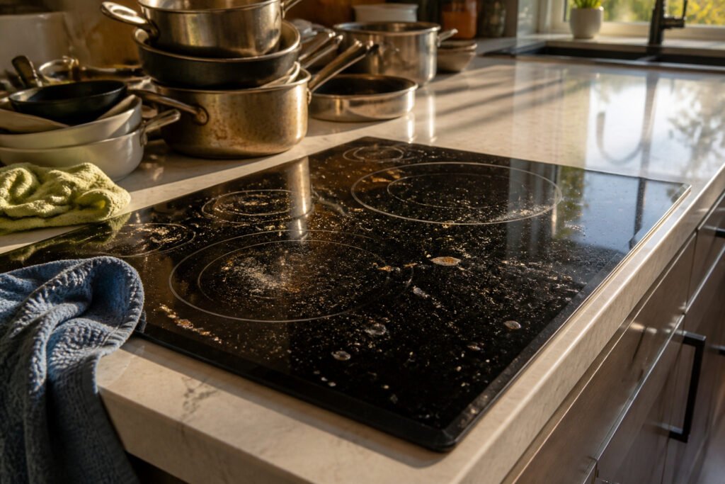 Close-up of a glass cooktop in a modern kitchen setting