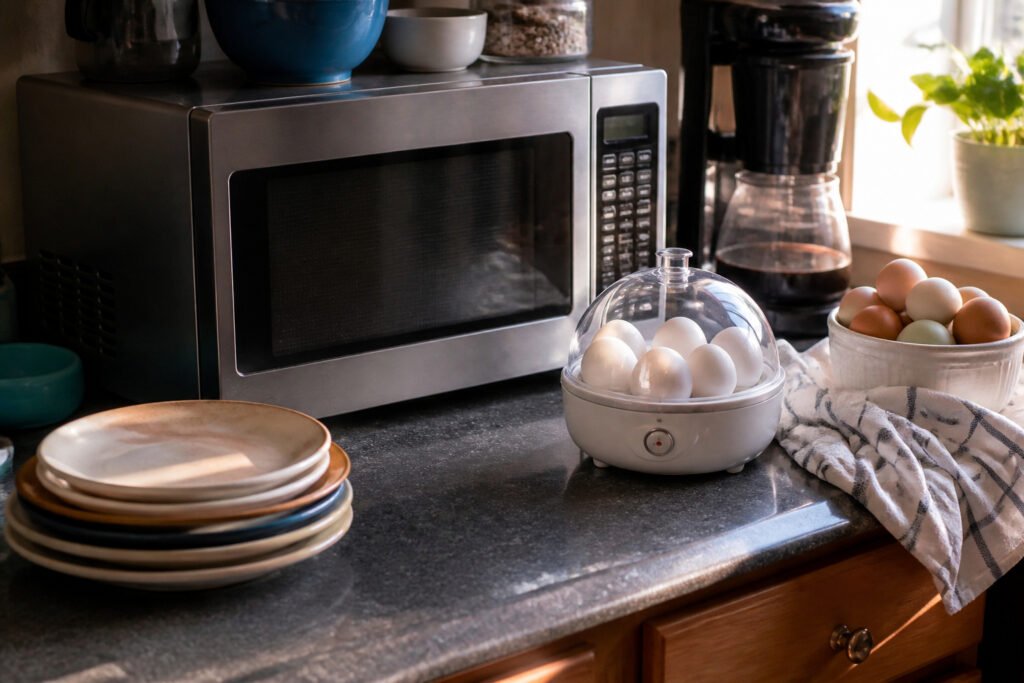 Cluttered kitchen countertop with a microwave and egg cooker in morning light.