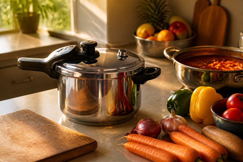 Modern kitchen countertop with a pressure cooker and utensils in sunlight