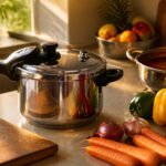 Modern kitchen countertop with a pressure cooker and utensils in sunlight