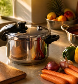 Modern kitchen countertop with a pressure cooker and utensils in sunlight